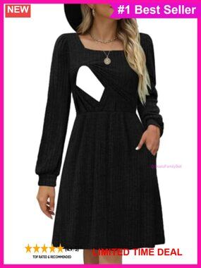 Nursing Knit Sweater Dress Square Neck Puff Sleeve Pockets